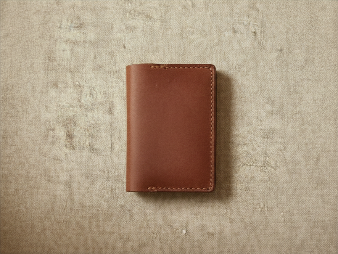 Hidden House Co. handcrafted brown leather bifold card holder wallet with visible saddle stitching on textured fabric