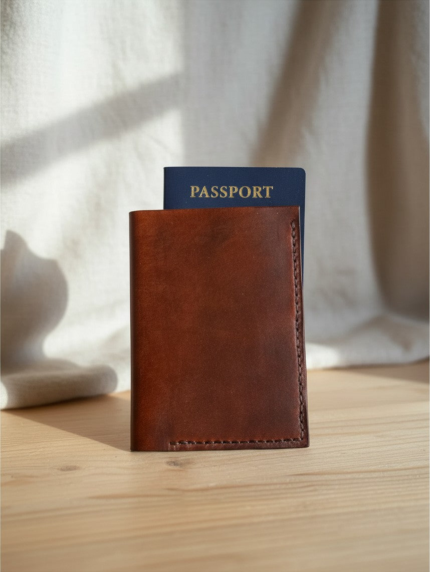 Hidden House Co. brown leather passport and notebook cover with hand-stitched details on a wooden surface.