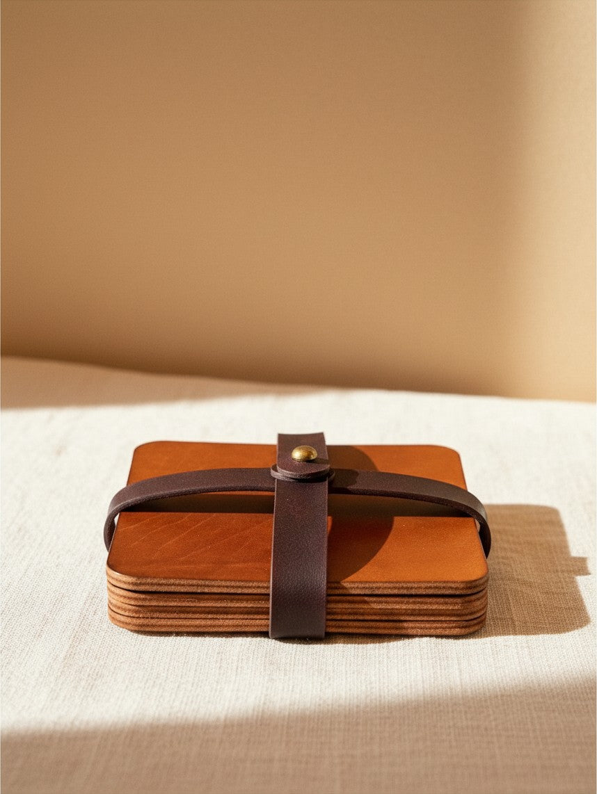 Hidden House Co. square tan leather coaster set stacked and secured with a dark brown strap and brass stud closure.
