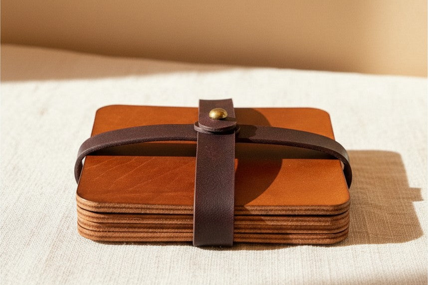 Hidden House Co. square tan leather coaster set stacked and secured with a dark brown strap and brass stud closure.