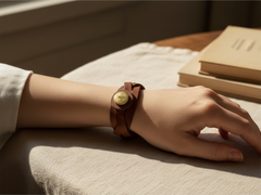 Hidden House Co. brown braided leather bracelet with a brass snap closure worn on a wrist.
