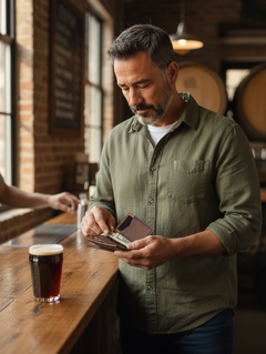 Hidden House Co. handcrafted brown leather bifold card wallet held by a man in a casual olive shirt at a bar