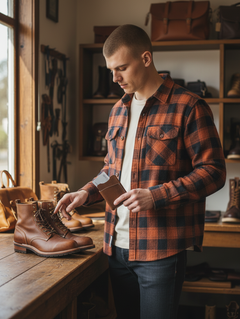 Hidden House Co. minimalist brown leather card holder wallet held by a man in a plaid shirt in a leather workshop.