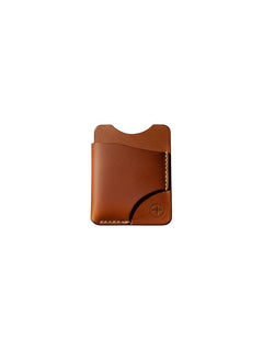 Hidden House Co. slim brown vegetable-tanned leather card holder with hand-stitched detailing and embossed logo