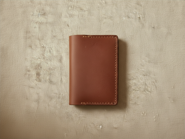 Hidden House Co. handcrafted brown leather bifold card holder wallet with visible saddle stitching on textured fabric