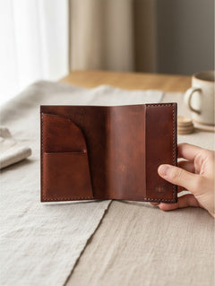 Hidden House Co. handcrafted brown leather passport and notebook cover with interior card slot and hand-stitched detail