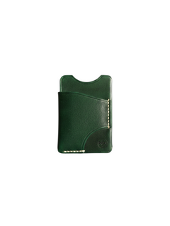 Hidden House Co. slim forest green leather card holder wallet with hand-stitched details and minimalist design.