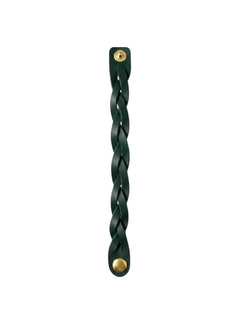 Hidden House Co. forest green braided leather wristband with antique brass button closure on a white background.