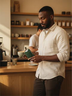 Hidden House Co. forest green leather card holder wallet held by a man in a cafe with a steaming coffee cup
