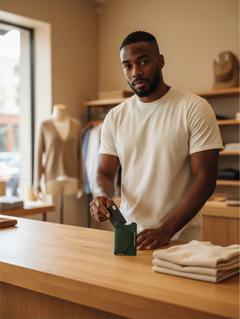 Hidden House Co. forest green leather card holder being used by a man in a minimalist boutique setting