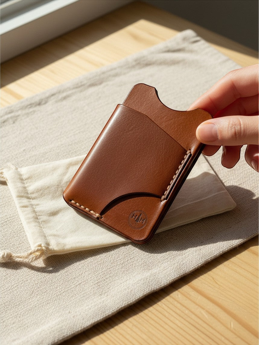 Hidden House Co. brown vegetable-tanned leather card holder with hand-stitched detail held above a cotton pouch.