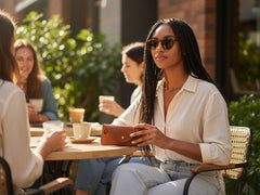 Hidden House Co. brown leather glasses case with brass stud closure held by a woman at an outdoor cafe table