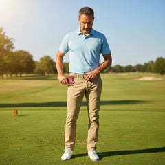 Hidden House Co. handcrafted red leather golf accessory set clipped to a golfer's belt on a sunny course.