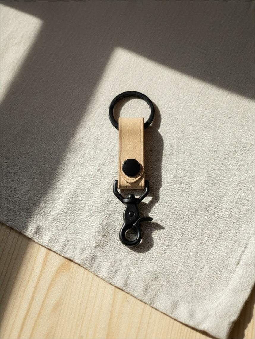 Hidden House Co. minimalist light tan vegetable-tanned leather keychain with matte black metal hardware and snap button.