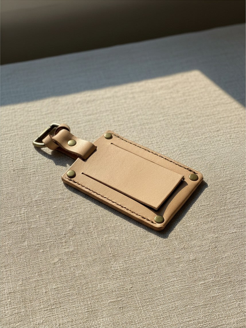 Hidden House Co. handcrafted light tan vegetable-tanned leather luggage tag with brass hardware on linen fabric.