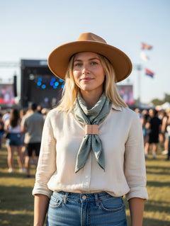 Hidden House Co. handcrafted vegetable-tanned leather scarf slide securing a sage green bandana on a woman at a festival