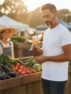 Hidden House Co. personalized brown full-grain leather card wallet held by a man at an outdoor farmers market