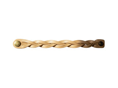 Hidden House Co. tan braided leather wristband with a brass snap closure, featuring a minimalist artisanal design.