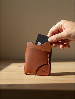 Hidden House Co. handcrafted tan leather card holder wallet being held with a black credit card inserted.