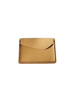 Hidden House Co. minimalist tan vegetable-tanned leather card holder with contrasting brown stitching