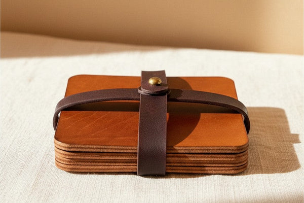 Hidden House Co. square tan leather coaster set stacked and secured with a dark brown strap and brass stud closure.